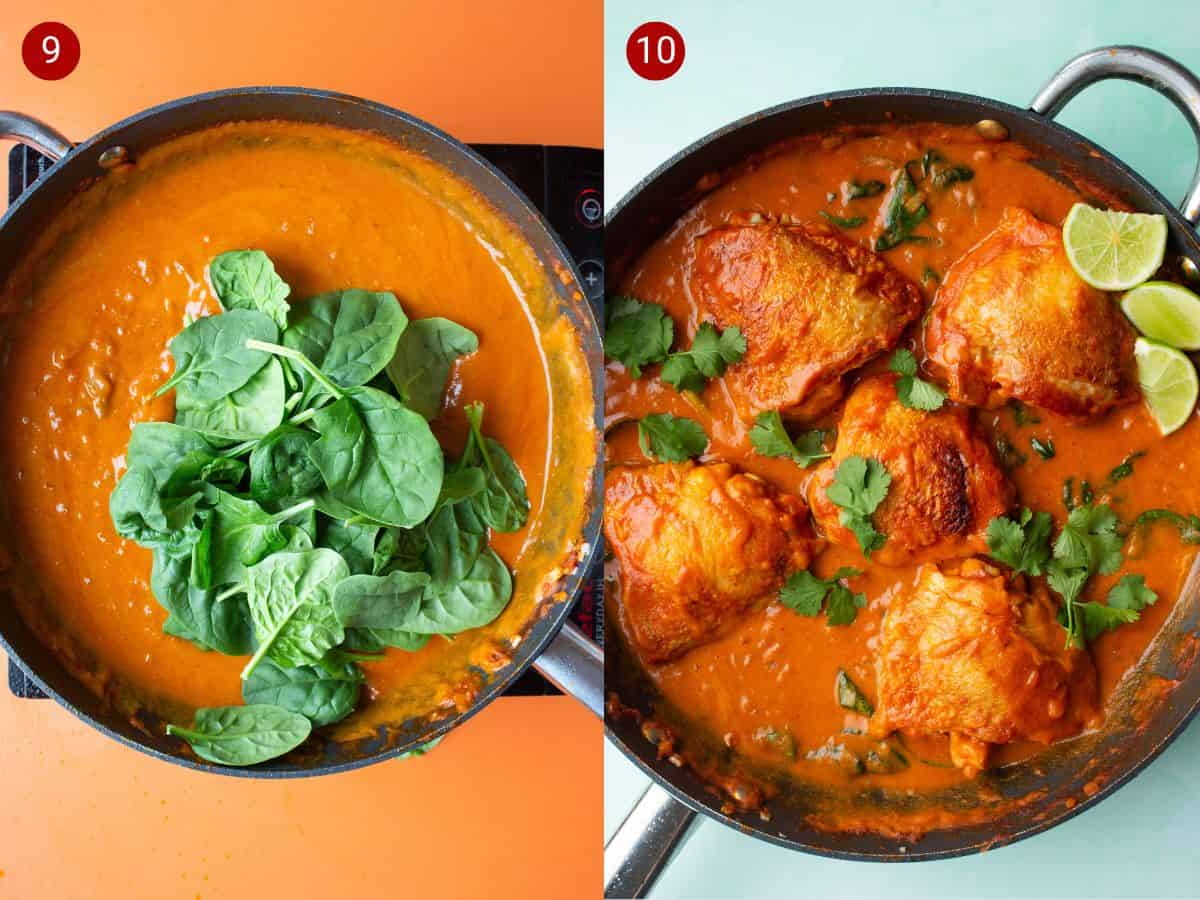 2 step by step photos, the first with spinach add to the curry sauce, the second with the curry ready with the thighs, lime wedges and fresh coriander added.