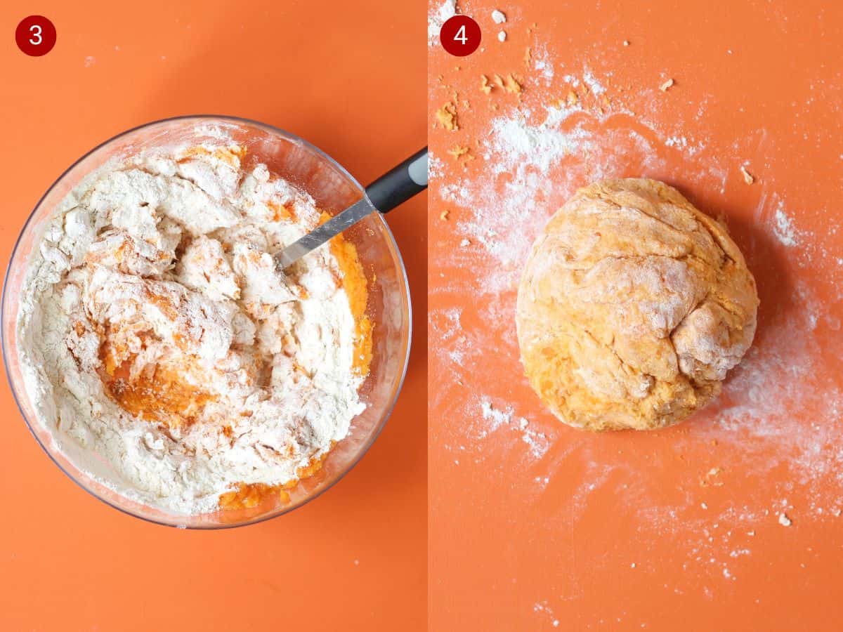 2 step by step photos, the first with sweet potatoes and flour mixed in a bowl with spatula and the second with sweet potato dough with flour.