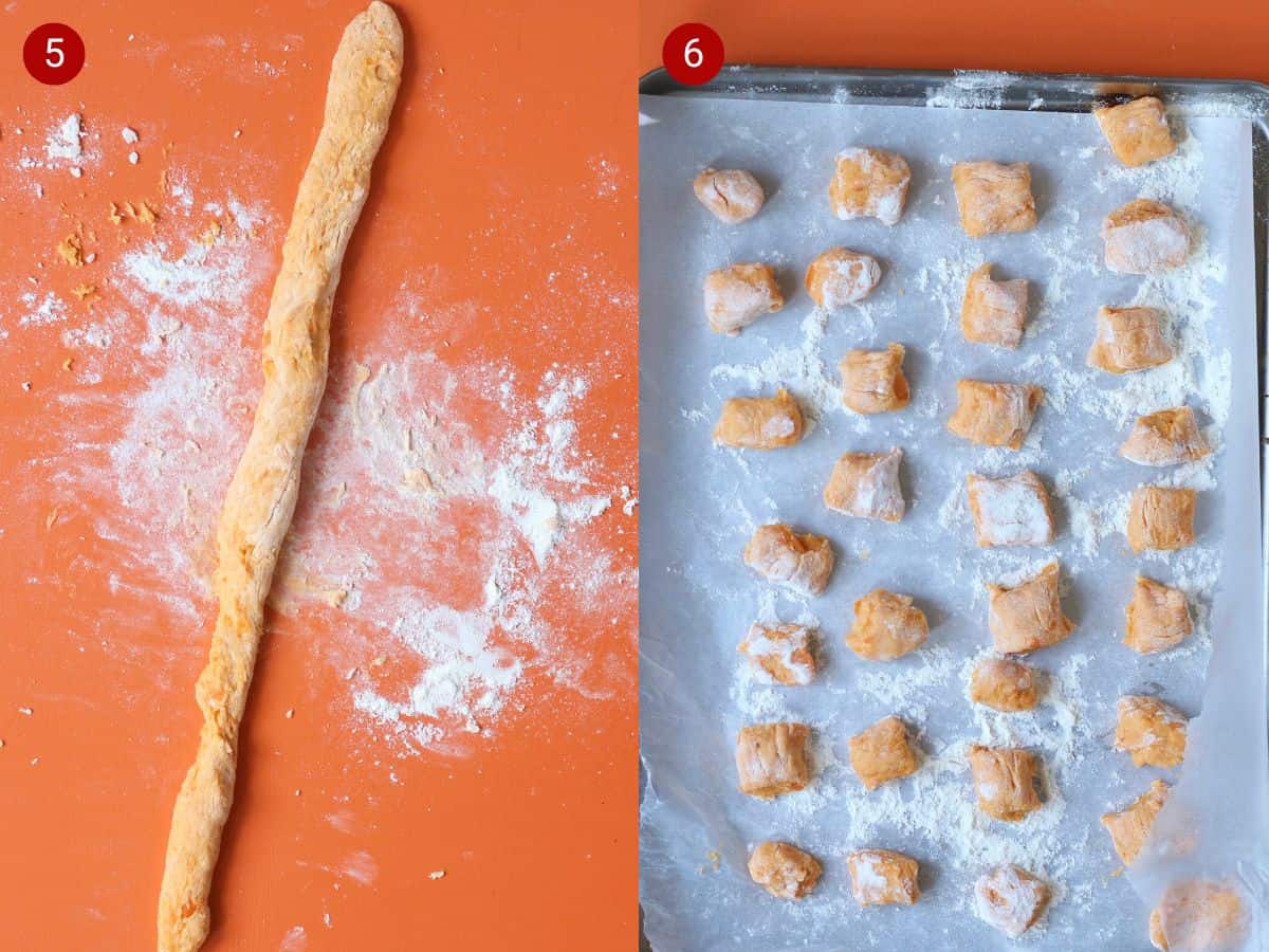 2 step by step photos, the first with sweet potato roll of dough and the second with small gnocchi pieces on a floured tray.