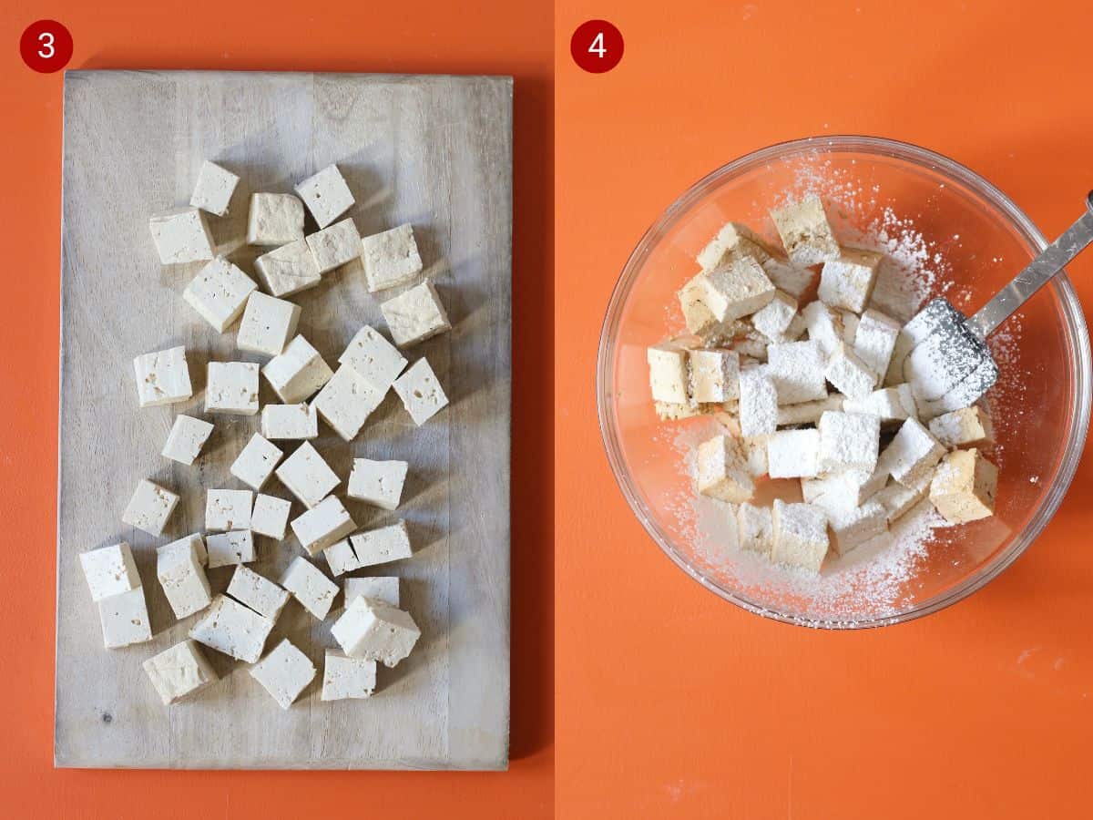 2 step by step photos, the first with tofu cubes on a wooden board and the second with the tofu cubes in a glass bowl with a spatula and a sprinkle of flour over top.