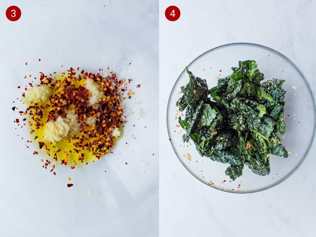 2 step by step photos, the first with chilli, garlic and oil in a bowl, the second with the cavolo nero torn and covered with dressing in a bowl.