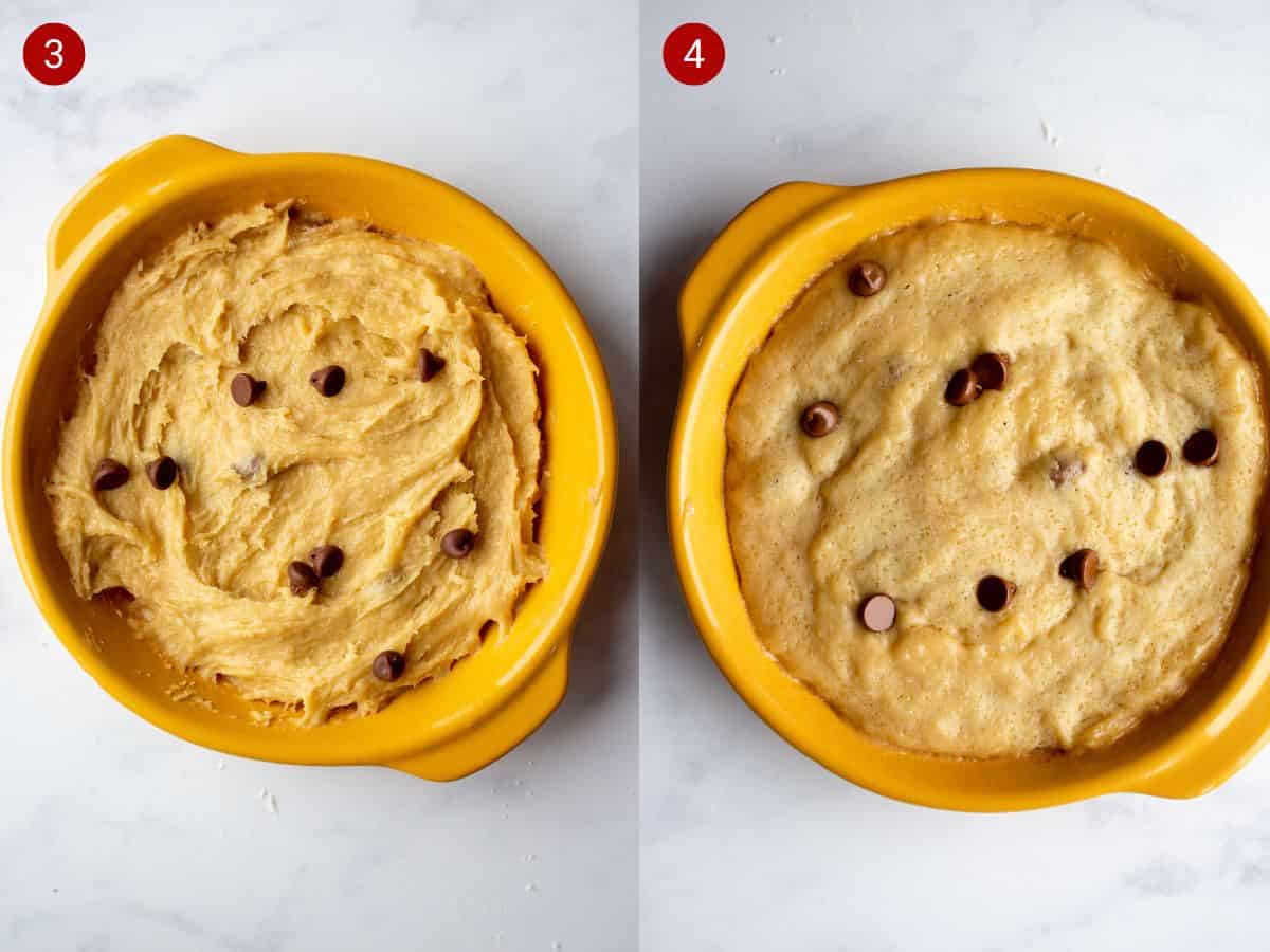 2 step by step photos, the first with uncooked cookie dough in a bowl and the second cooked cookie.