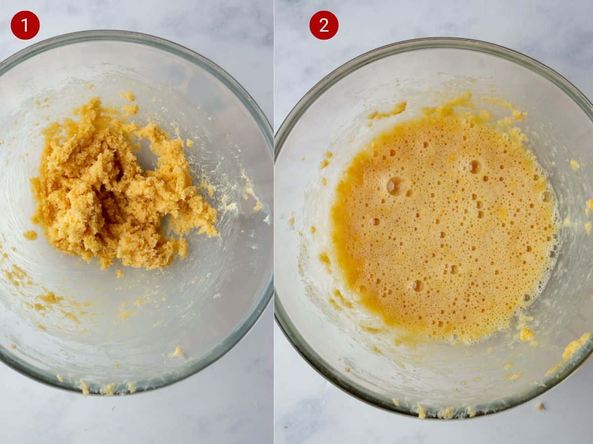 2 step by step photos, the first with sugar and sugar mixed in a bowl and the second with egg mixed in.