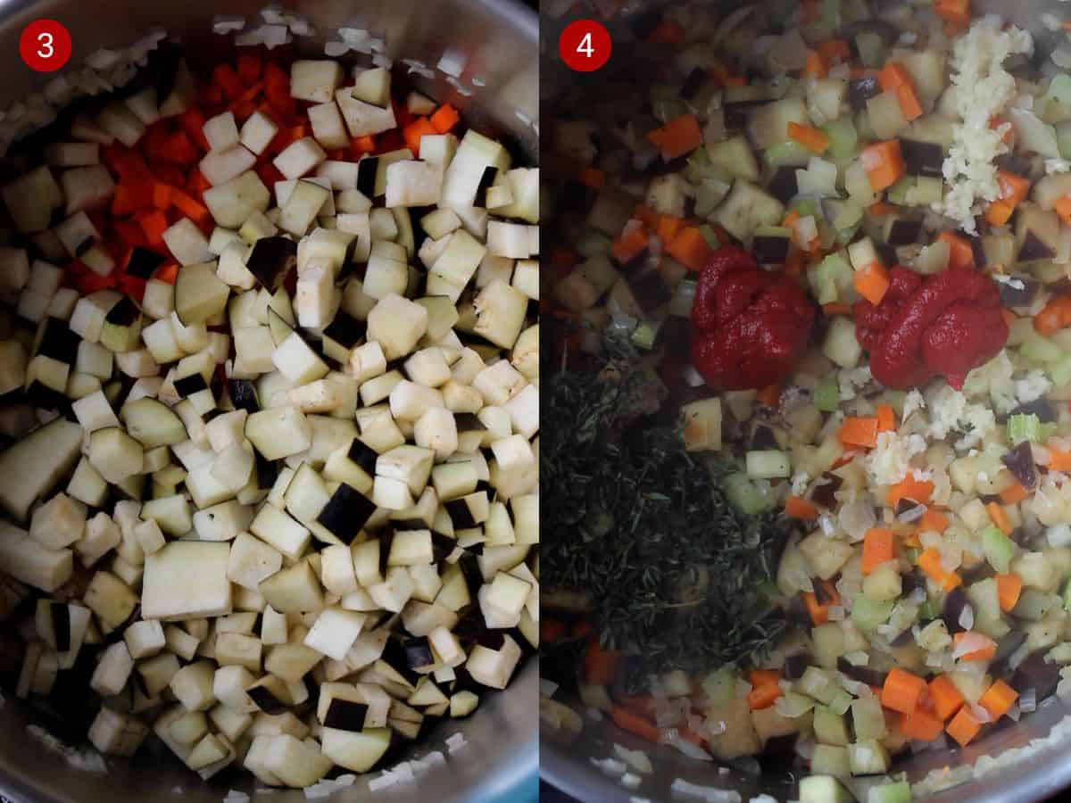 2 step by step photos, the first with chopped aubergine, carrots, celery and onion in a bowl and the second with all the vegetables cooking with garlic, herbs and tomato puree.