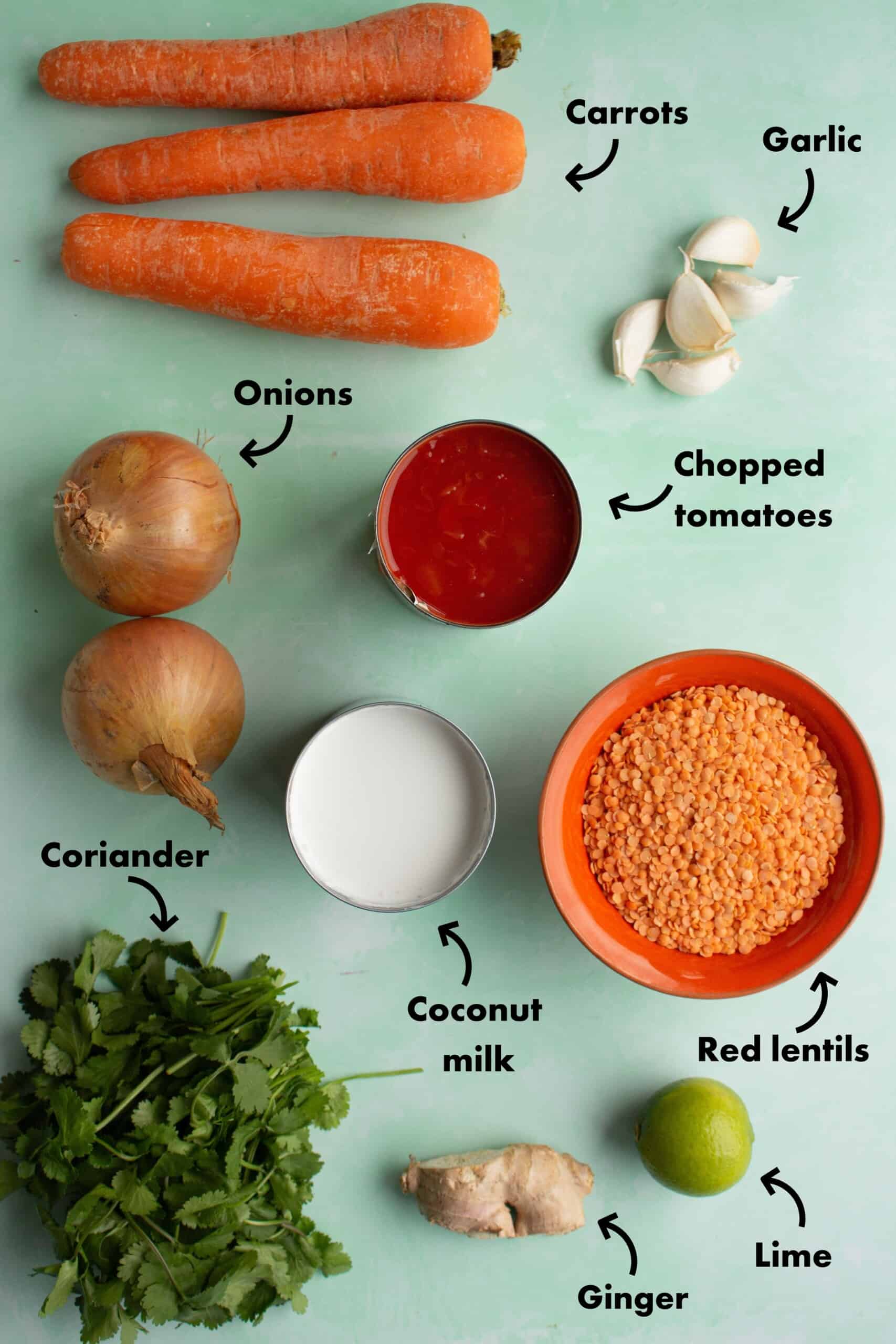 Ingredients to make red lentil dahl laid out on a pale blue background and labelled.