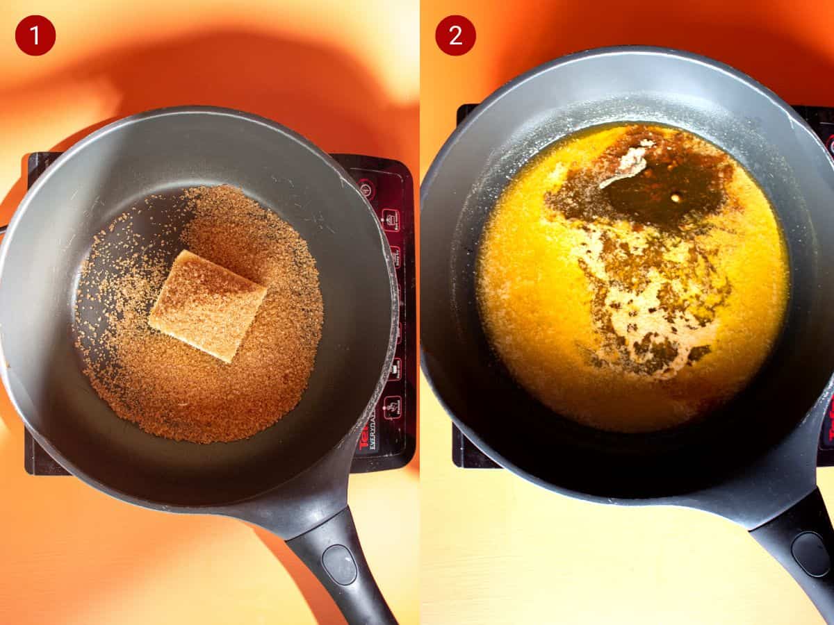 2 step by step photos, the first with sugar and butter in the pan and the second with the sugar and butter melted.