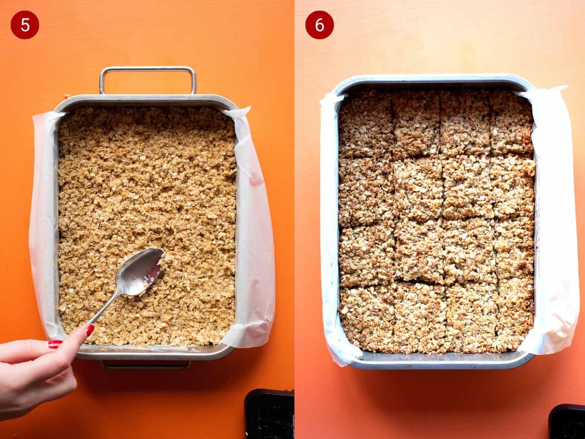 2 step by step photos, the first with the oat mixture and baking tray on parch paper pushed down with spoon and the second with a parchment lined baking tray with cooked and cut flapjacks.