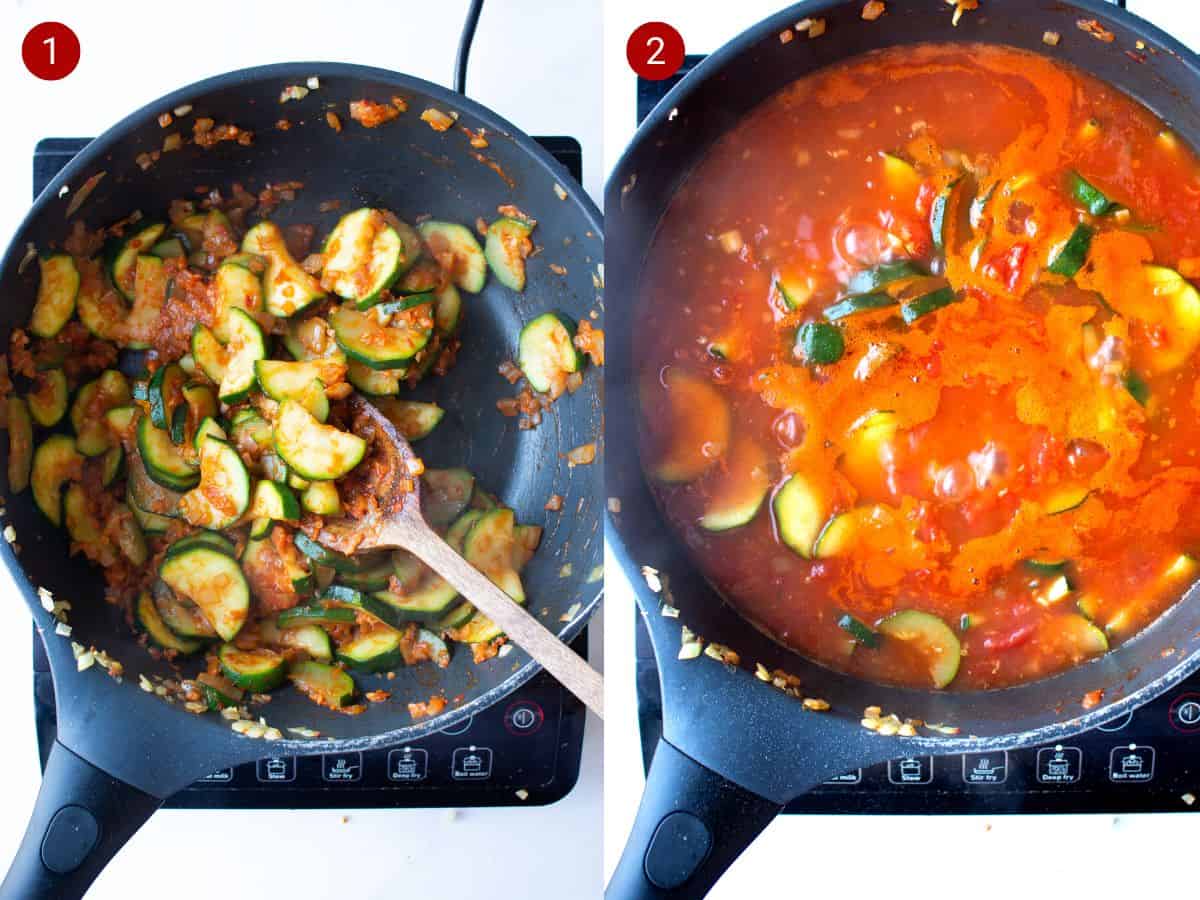 2 step by step photos, the first with courgette slices and onions frying in a pan and the second with tomatoey sauce added to the same pan.