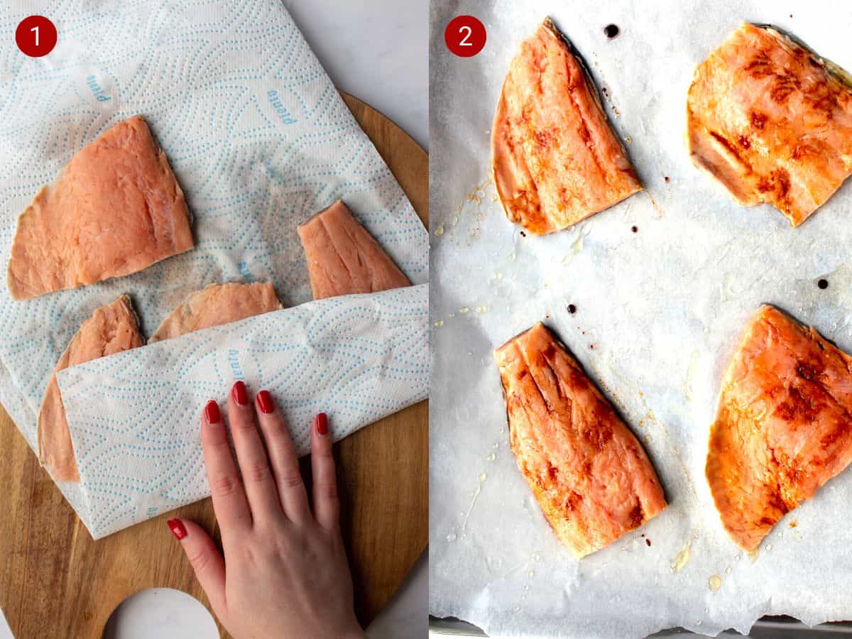 2 step by step photos, the first with raw salmon patted dry with paper towel and the second with cooked salmon with soy sauce.