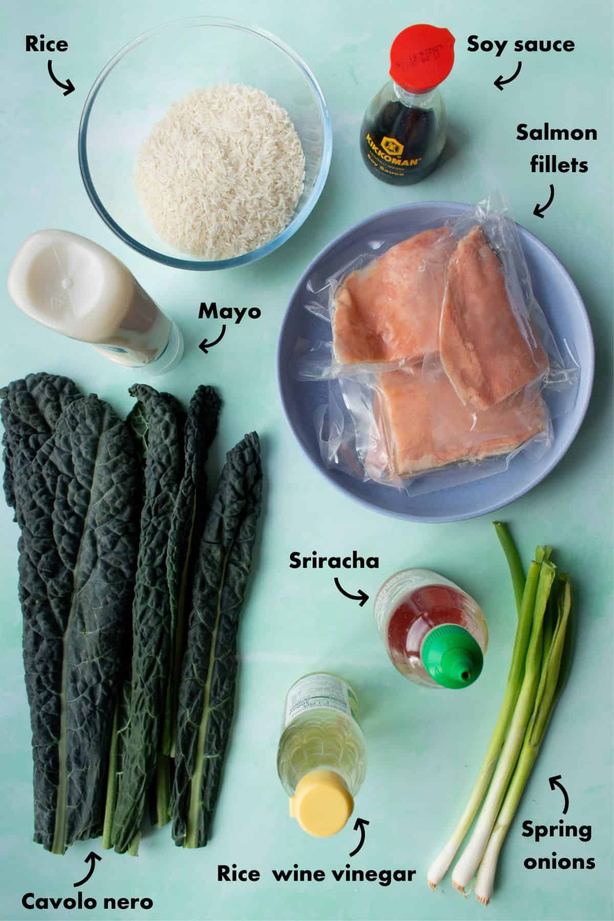 Ingredients to make the salmon rice bowl laid out on a pale blue background and labelled.