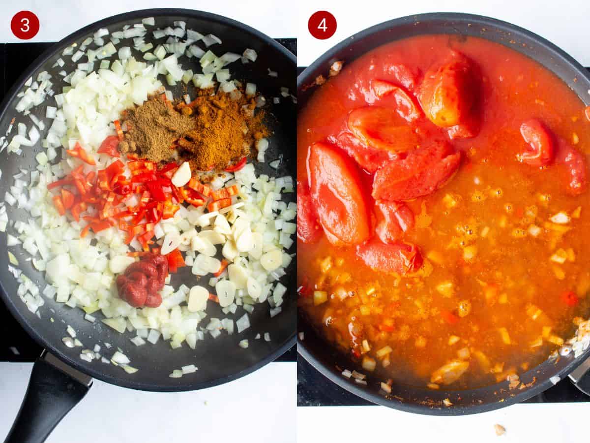 2 step by step photos, the first with onions, chillies and spices pan and the second with plum tomatoes added to the pan.