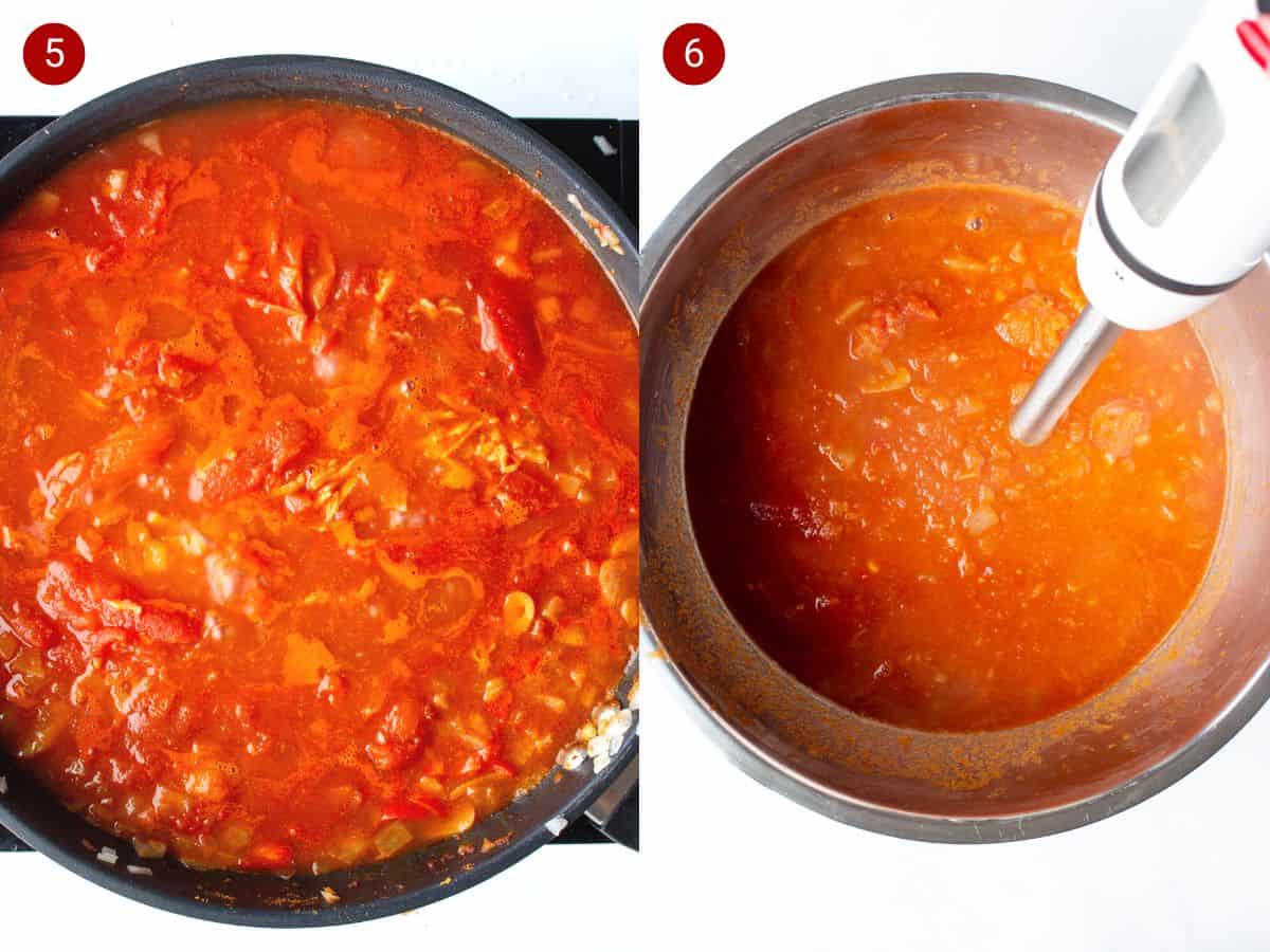 2 step by step photos, the first with tomatoes and onions simmering in pan and the second a blender in the curry mixture in a metal bowl.