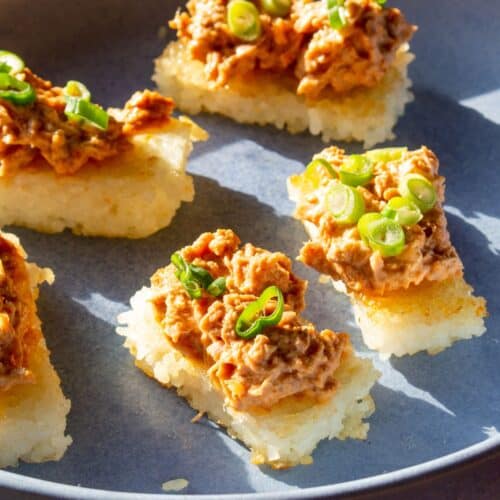 Rectangular pieces of rice topped with tuna and spring onion on a blue bowl in the sun shine.