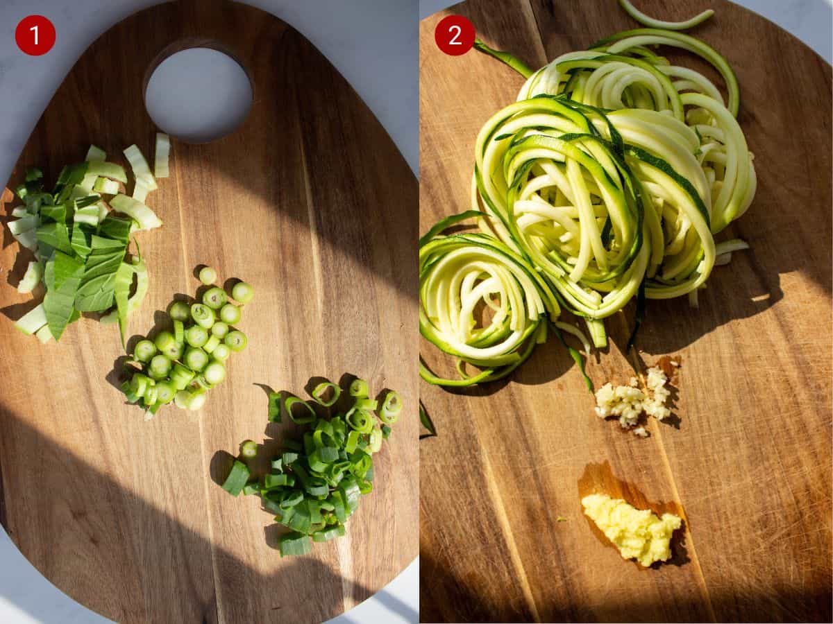 2 step by step photos, the first with chopped spring onions on a wooden board, the second with spiralised courgette and minced garlic and ginger.