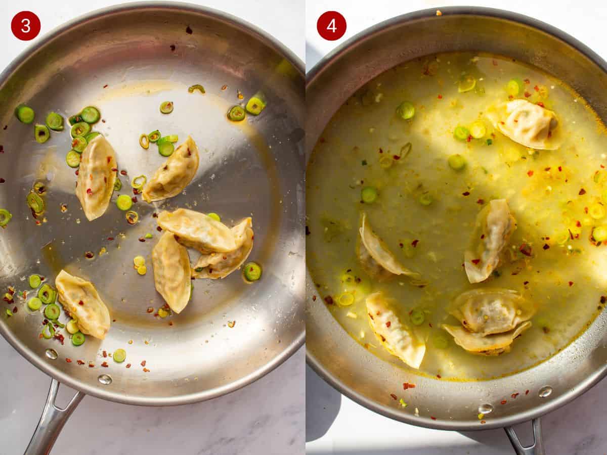 2 step by step photos, the first with spring onions and dumplings in the pan, the second the stock added to the same pan.