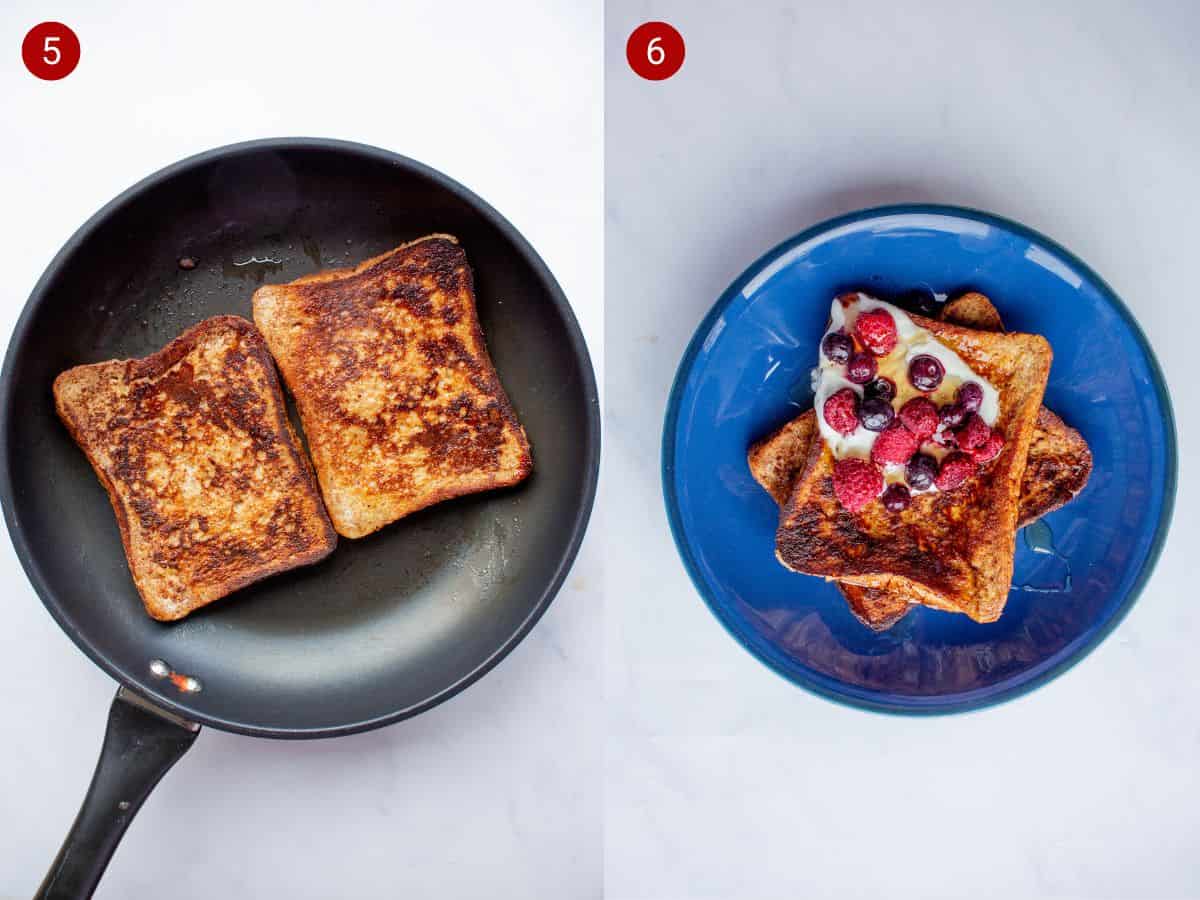 2 step by step photos, the first with 2 pieces of bread frying in a pan, the second with yogurt and berries added to a blue dish with the 2 slices fried bread.