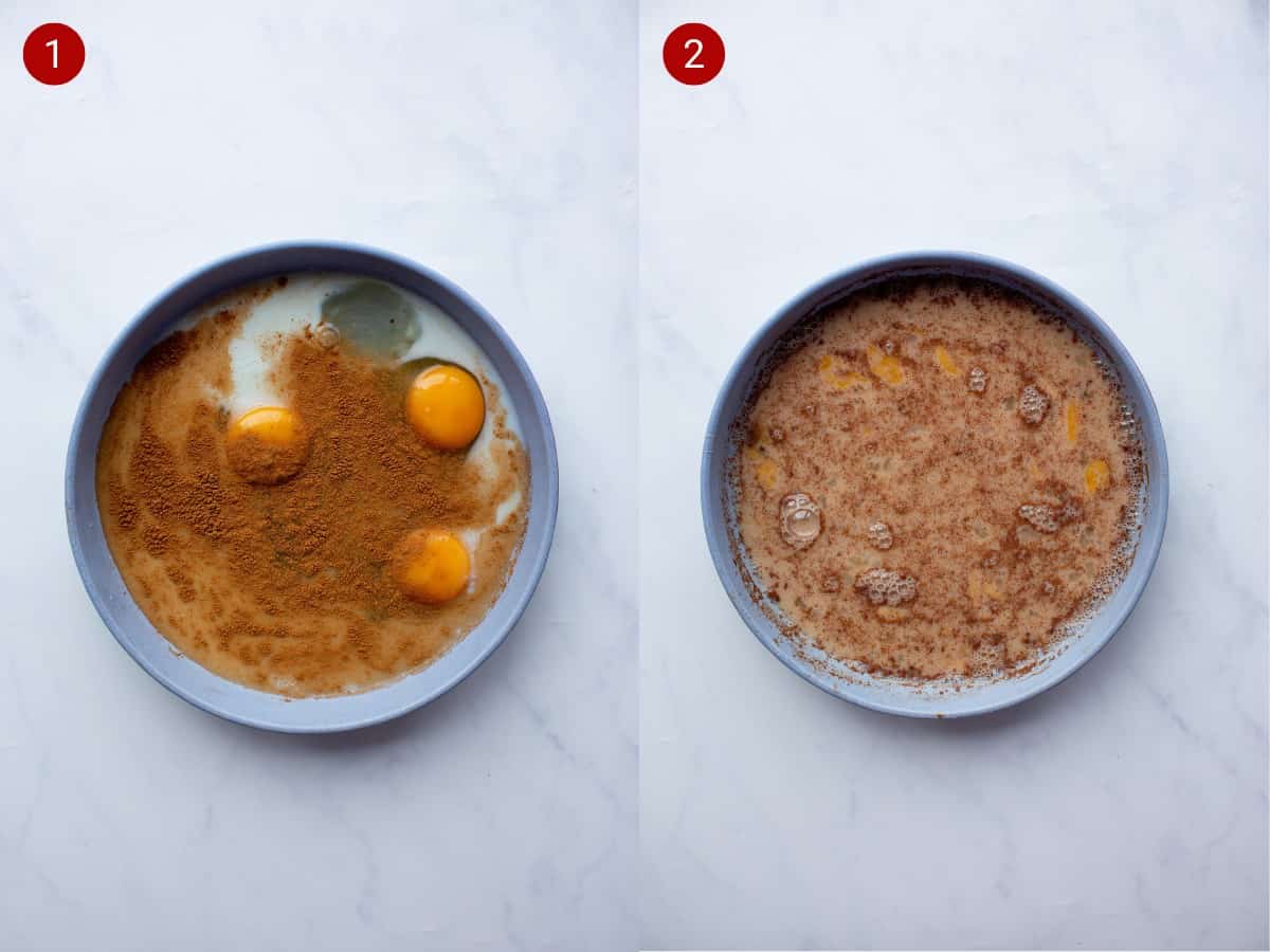 2 step by step photos, the first a bowl of egg, milk and cinnamon, the second with these ingredients mixed together.