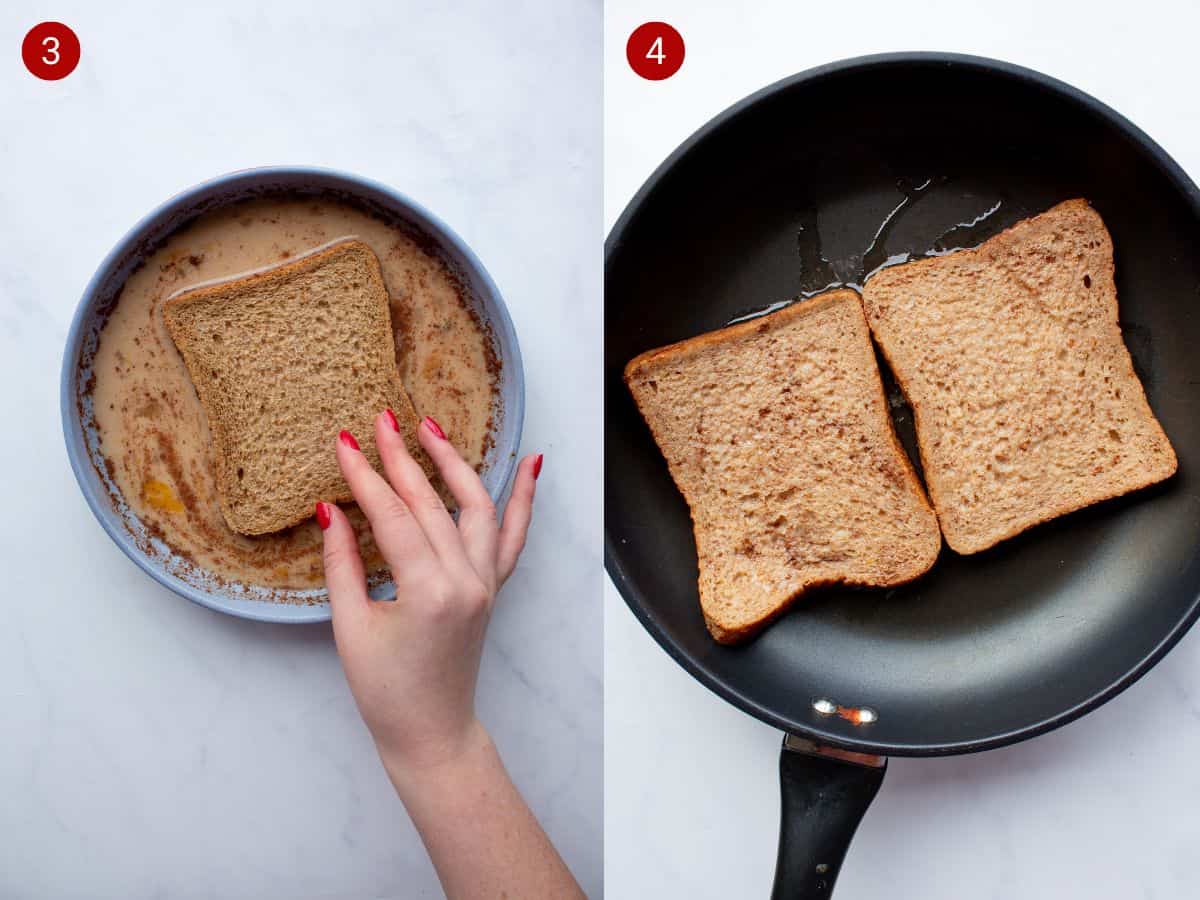 2 step by step photos, the first with bread being dunked in egg/milk in bowl , the second with 2 pieces of bread frying in a pan.