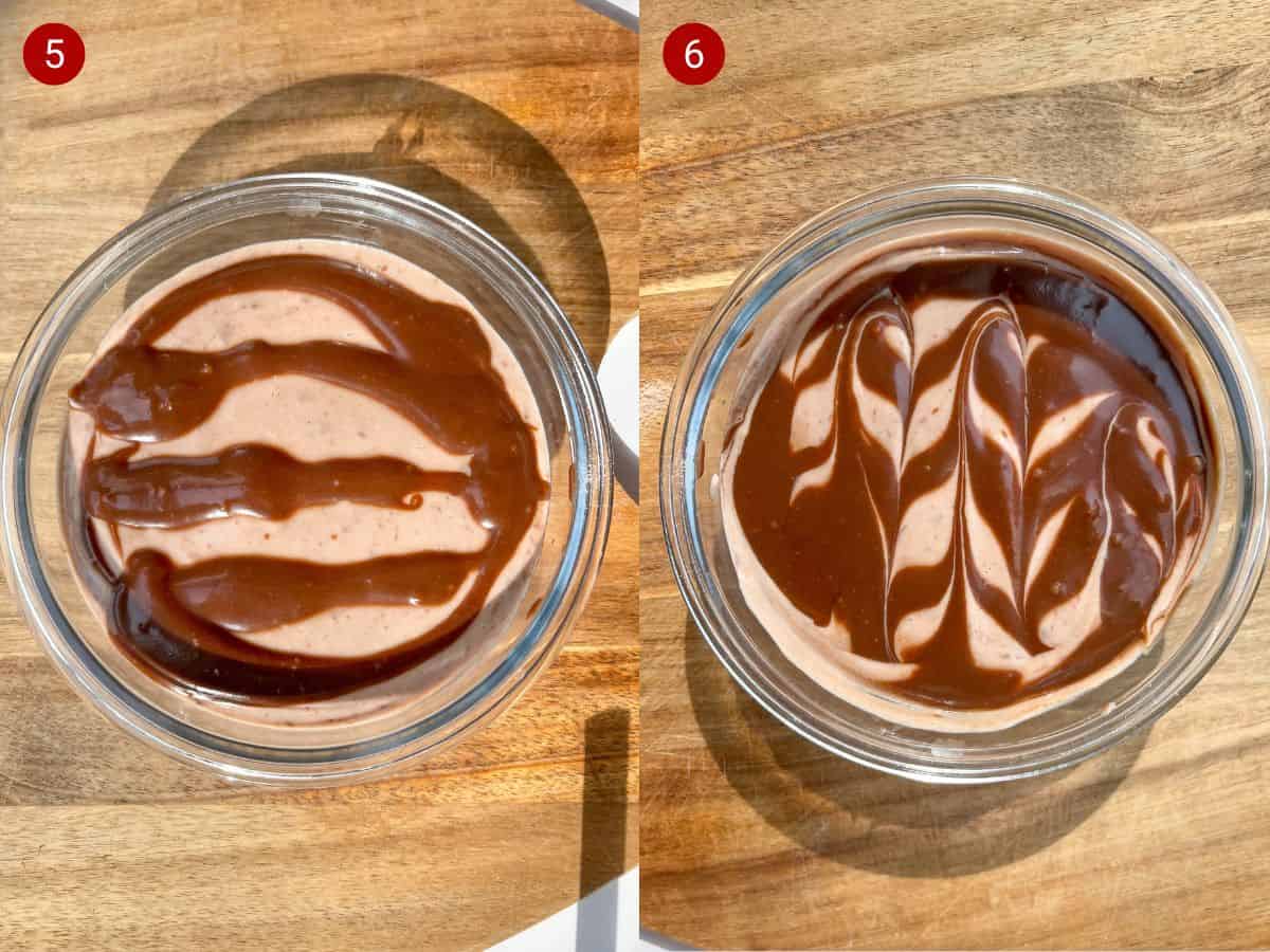 2 step by step photos, the first with the chocolatey yogurt in bowl with chocolate and the second with melted chocolate swirled over top.