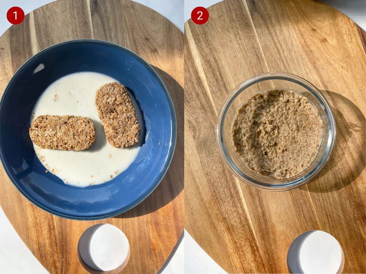 2 step by step photos, the first with the weetabix and milk in a bowl and the second with both transferred to a glass container.