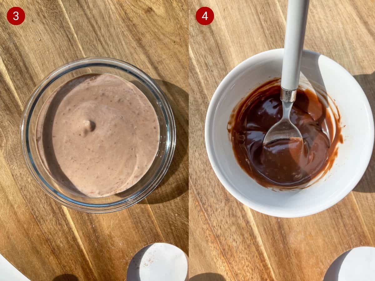 2 step by step photos, the first with the chocolatey yogurt in bowl and the second with melted chocolate in a white bowl with a spoon.