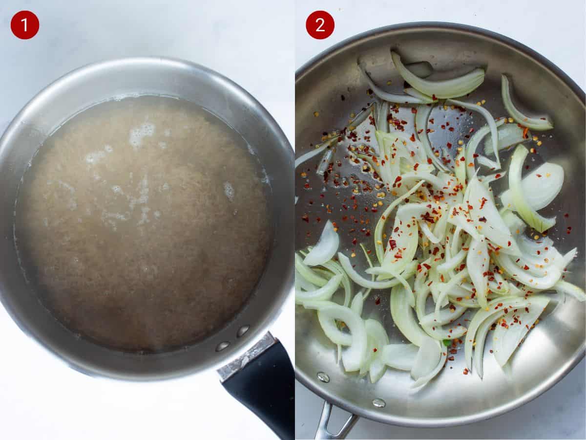 2 step by step photos, the first with rice in water in a pan , the second with onions and chillies frying in a pan.