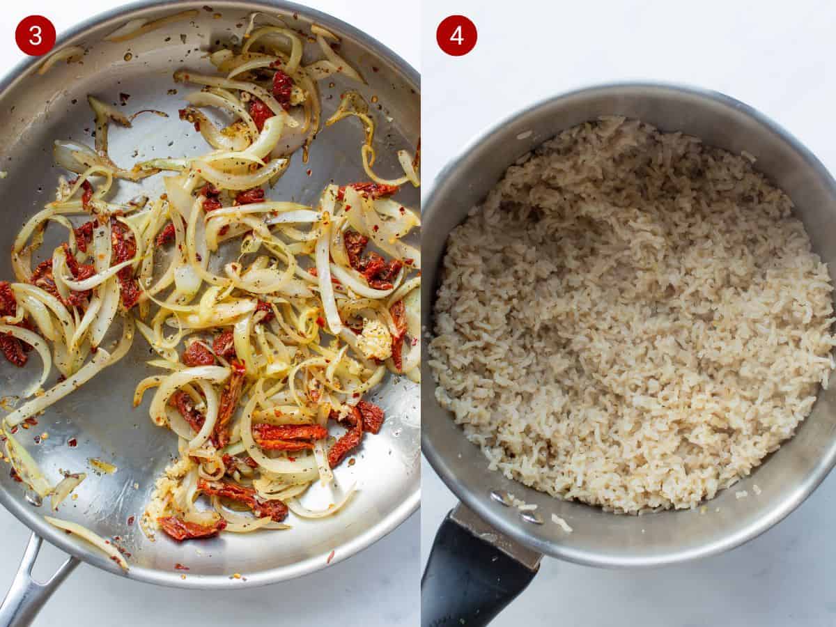 2 step by step photos, the first with browned onions and chillies frying in a pan , the second with cooked drained rice in a saucepan.