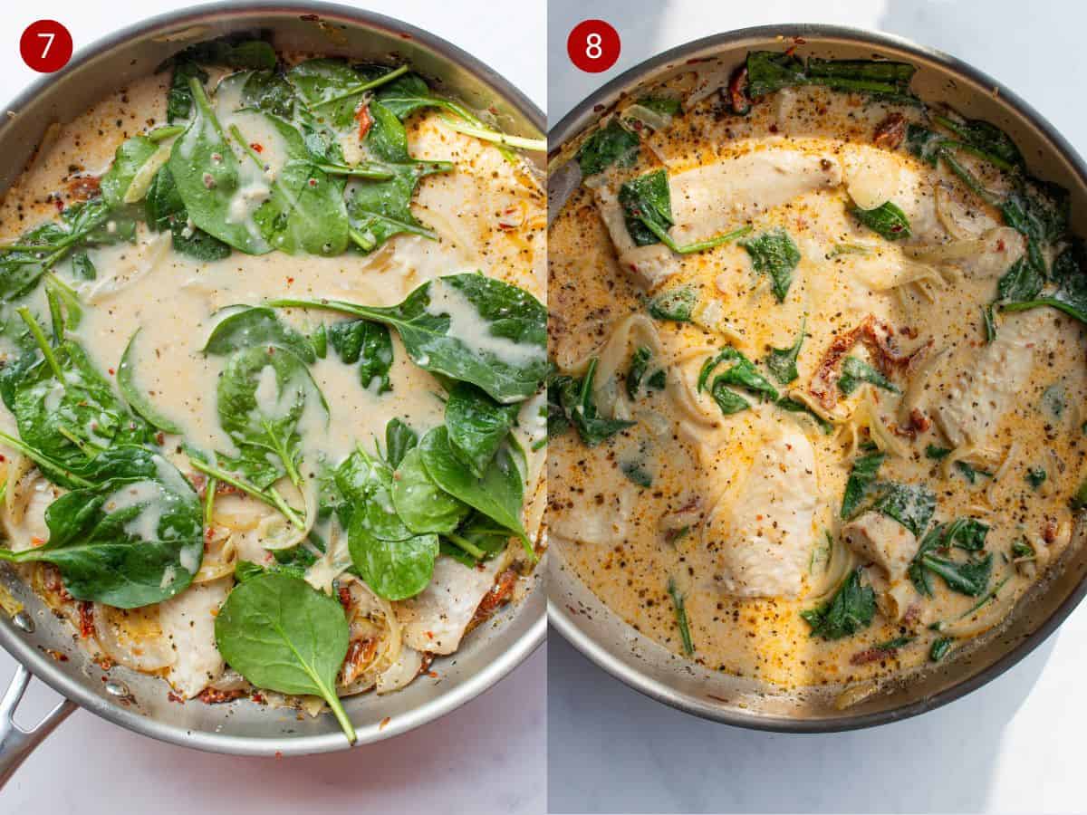 2 step by step photos, the first withspinach and creamy sauce in a sauce pan , the second with pieces of  fish in the creamy sauce withspinach and sundried tomatoes.