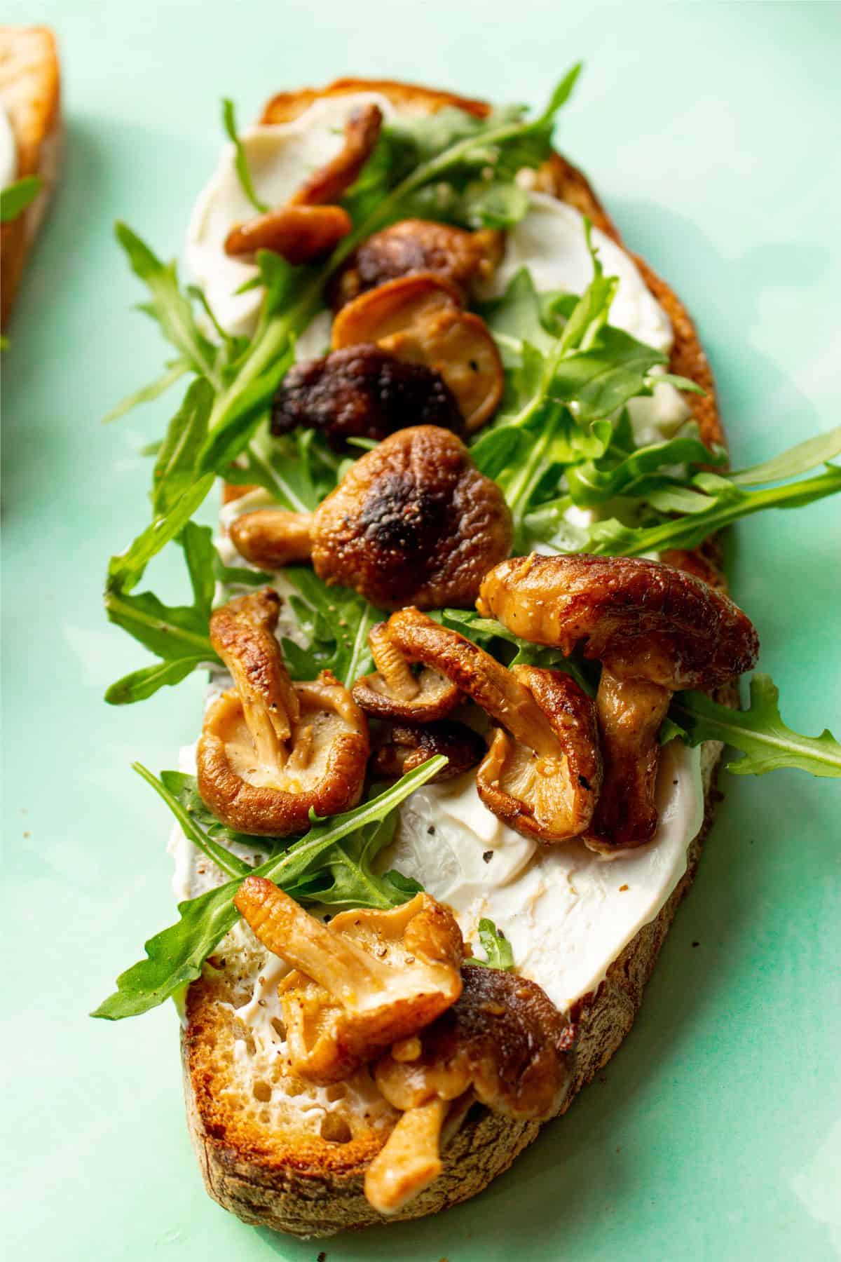 One slice of mushroom toast with cream cheese, browned mushrooms and rocket on a pale green background.