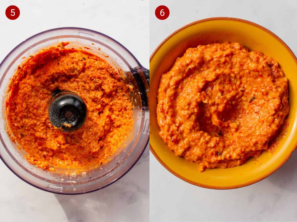 2 step by step photos, the first with the blended red pesto in the blender and the second with the red pesto in a bowl.
