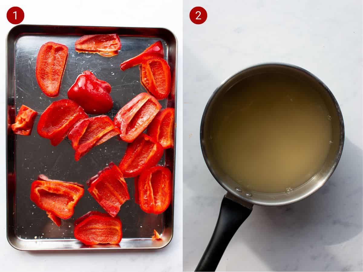 2 step by step photos, the first with red peppers pieces on a stainless steel baking tray, the second with [pasta in water ina pan.