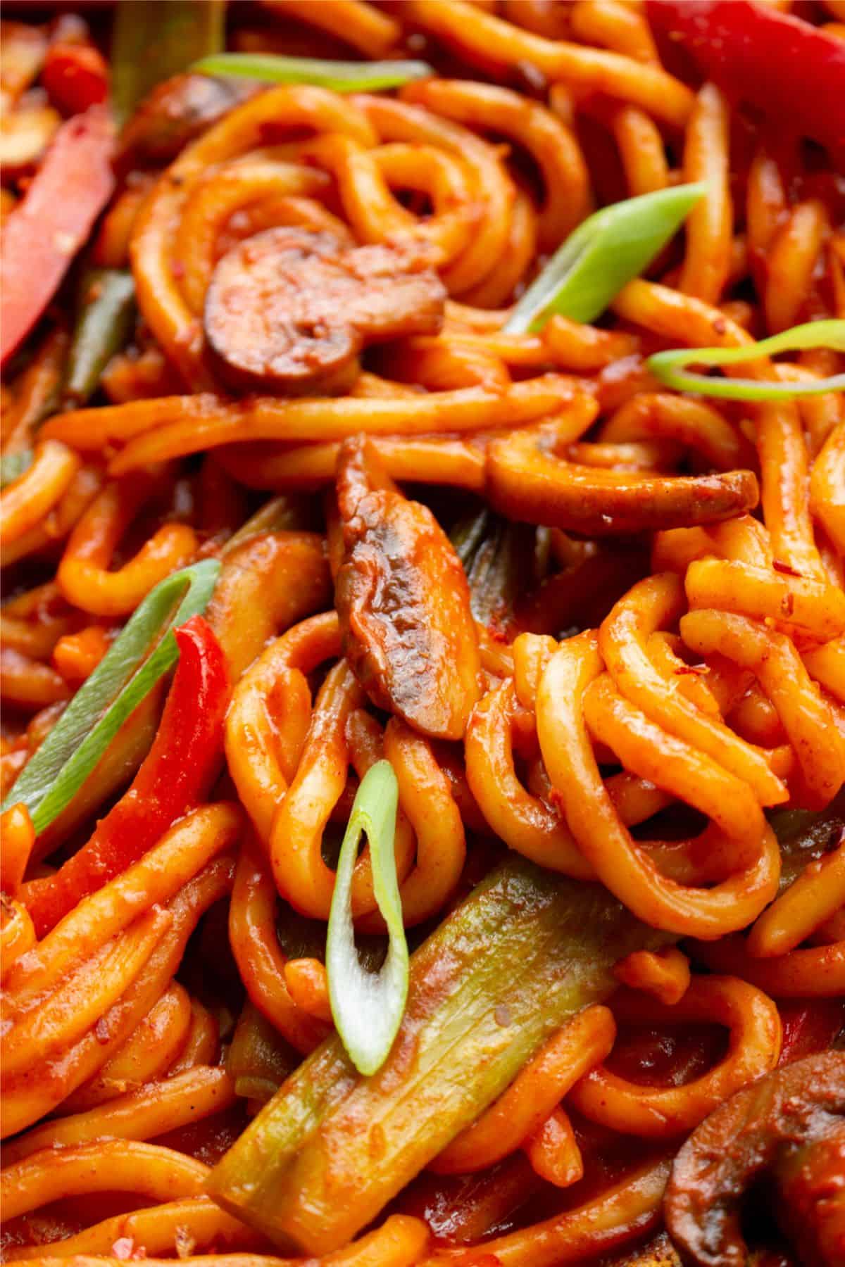 Close up of noodles with tomatoey sauce and vegetables and sliced spring onion.