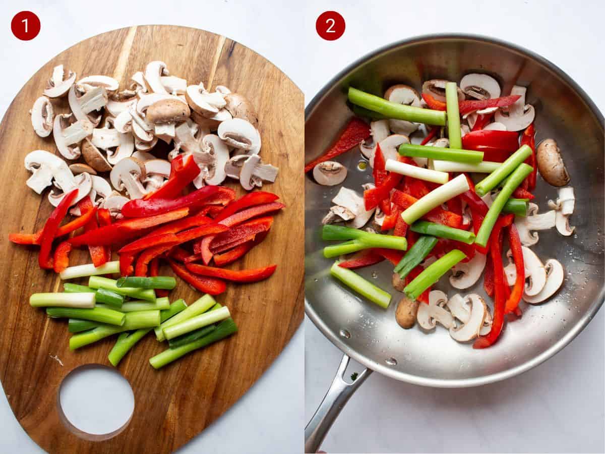 2 step by step photos, the first with prepped vegetables , the second with a pan with the mushrooms, spring onions and red peppers.