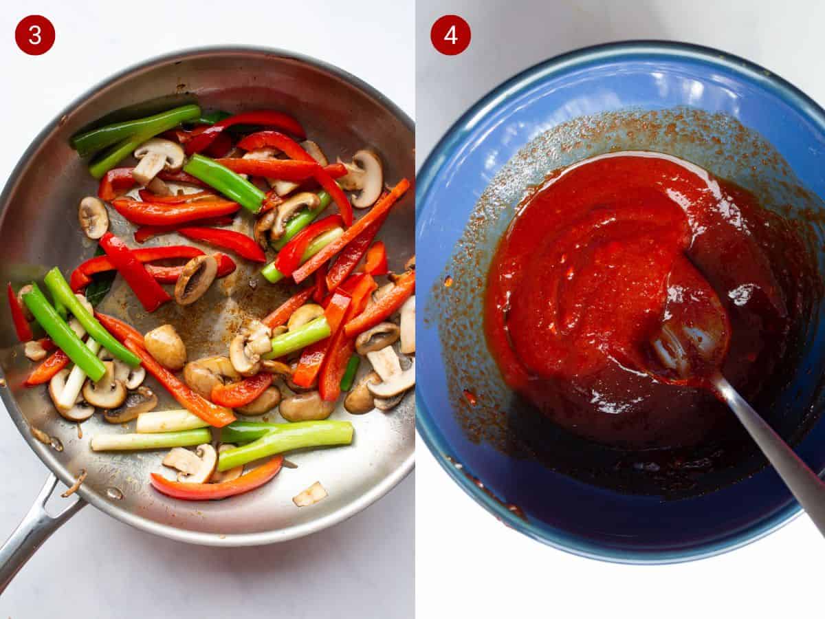 2 step by step photos, the first with prepped vegetables in a pan , the second witha bowl with a blue bowl tomatoey sauce and a spoon.