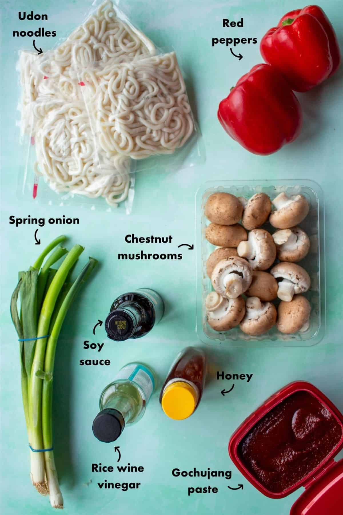 Ingredients shot to make Gochujang noodles laid out on a pale blue background and labelled.