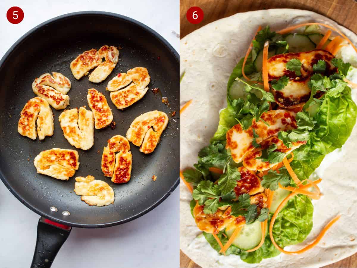 2 step by step photos, the first with golden browned halloumi frying in a pan, the second with pieces of halloumi and sweet chilli on a bed of lettuce on a wrap.