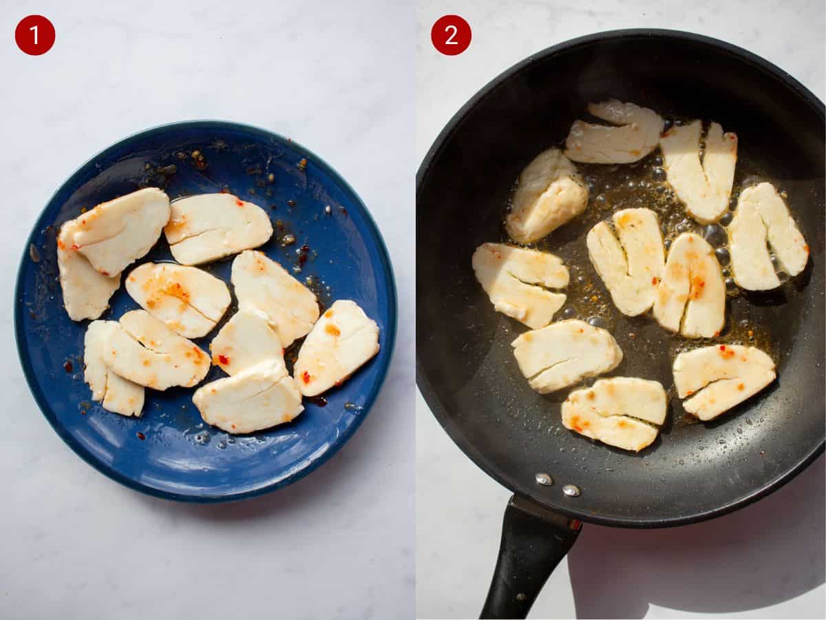2 step by step photos, the first with halloumi in a bowl with sweet chilli sauce, the second with pieces of halloumi and sweet chilli frying in a pan.