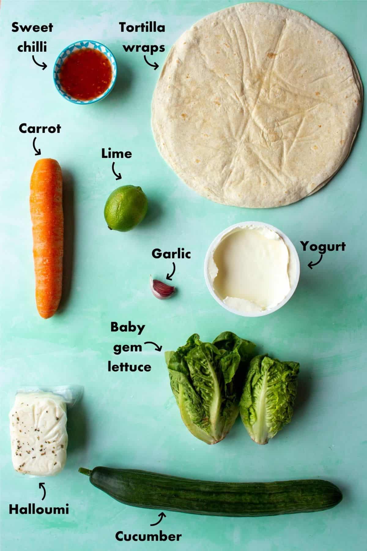 Ingredients to make the Halloumi Wrap laid out on a pale blue background and labelled.