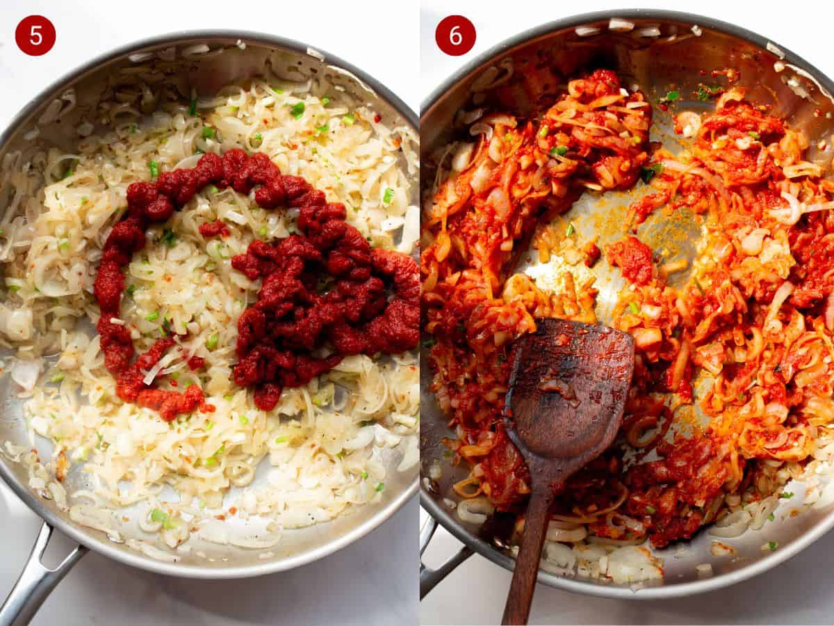 2 step by step photos, the first with shallotsfrying a pan with tomatoes paste added and the second with shallots and tomato paste mixed together.