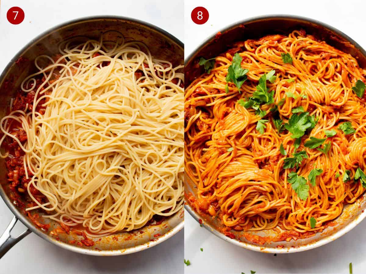 2 step by step photos, the first with spaghetti added to the tomato sauce and the second with spaghetti mixed together.
