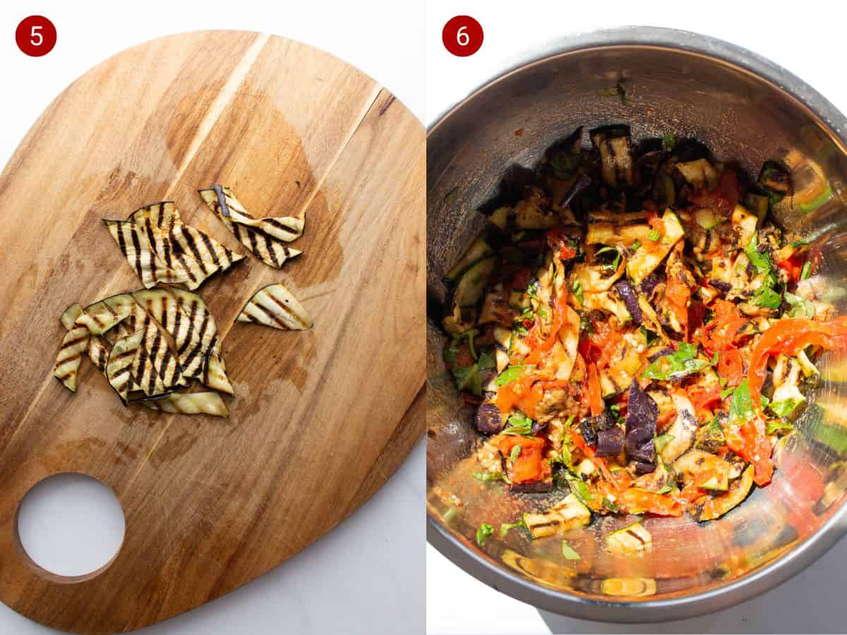 2 step by step photos, one with sliced vegetable cut on chopping board and the other with cooked veg in bowl.