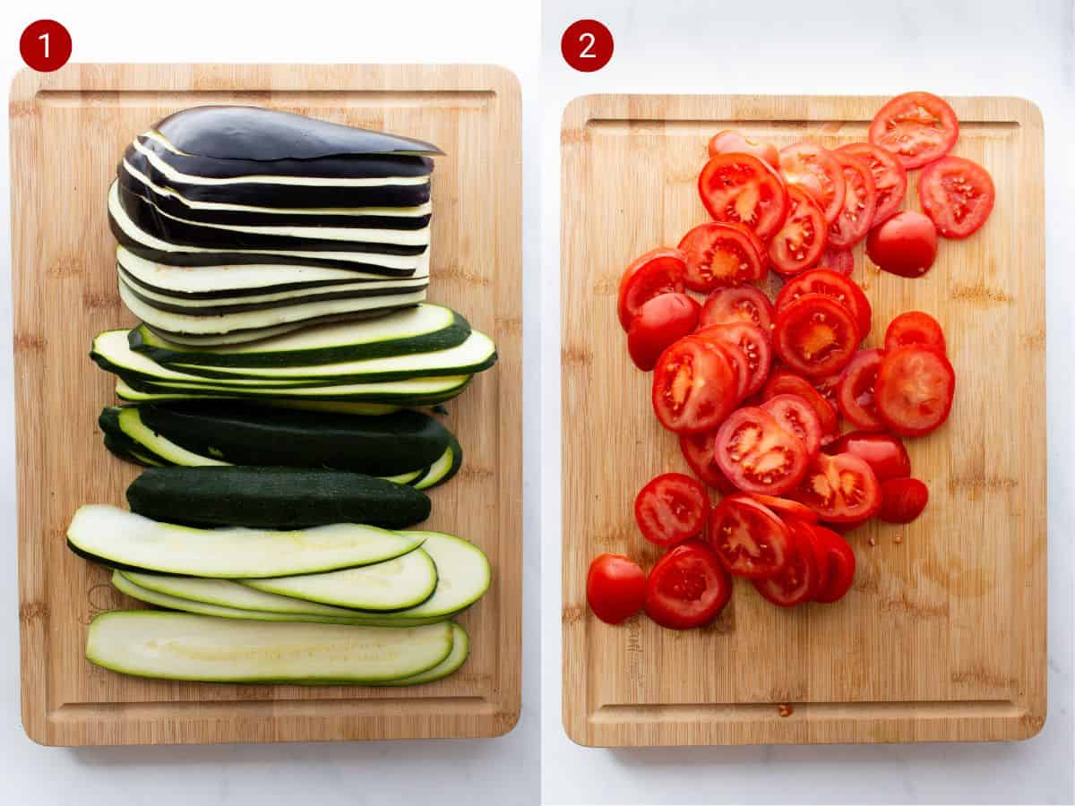 2 step by step photos, one with sliced courgettes/aubergines, the other with sliced tomatoes.