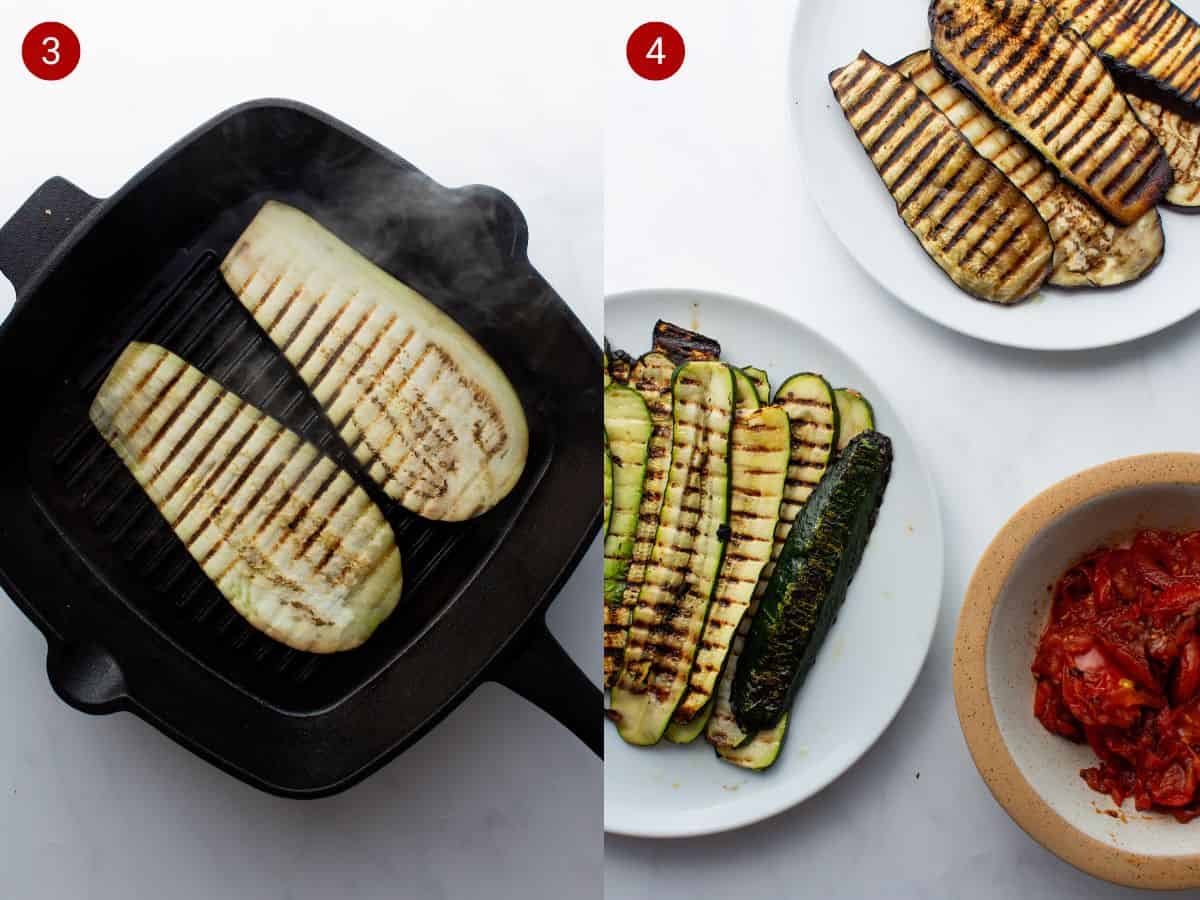 2 step by step photos, one with aubergine slices searing in griddle and the other with seared courgettes/aubergines on plates.