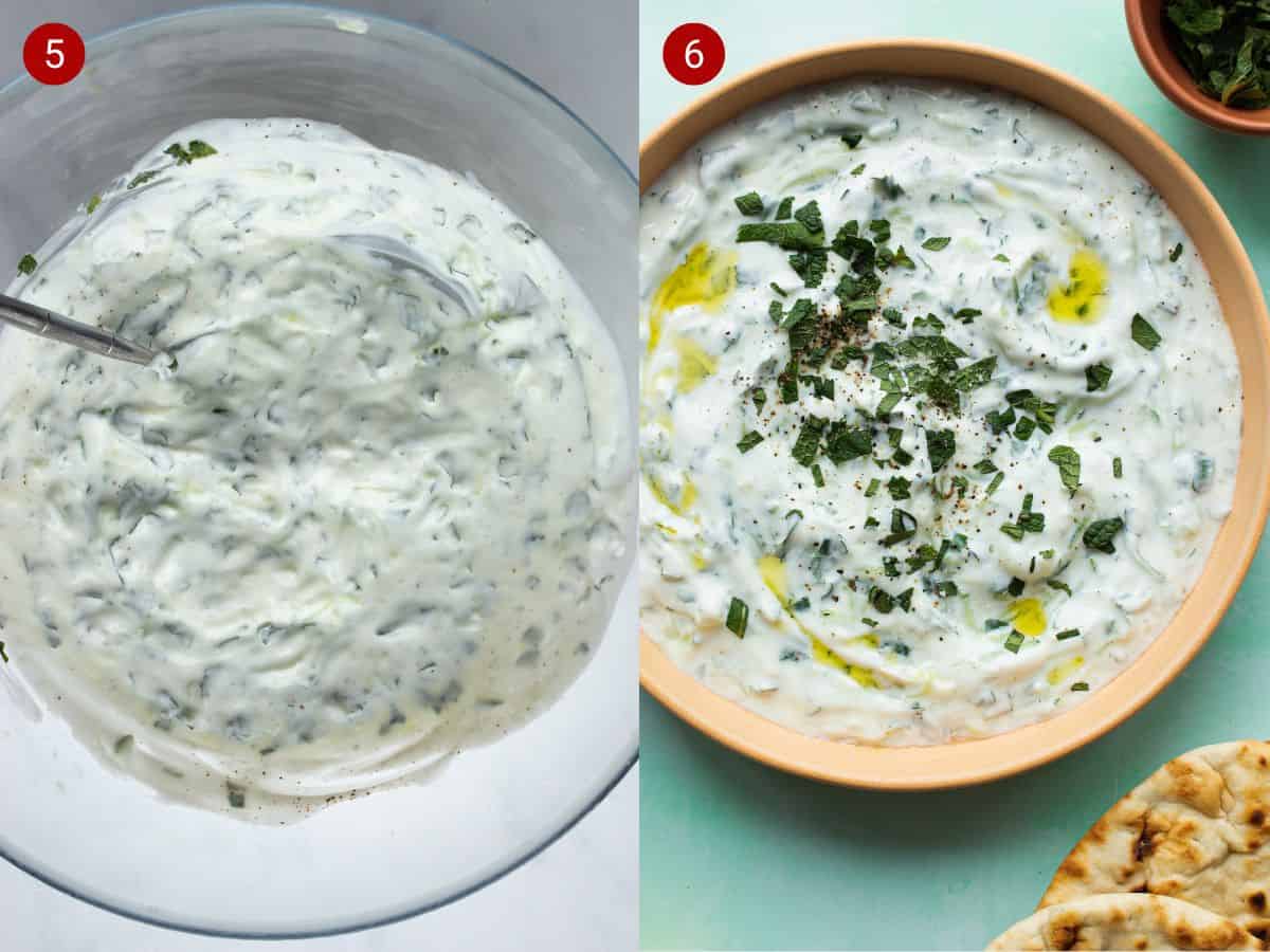 2 step by step photos,  the first with Tzatziki in a bowl and the second with dip topped with oil and chopped mint.