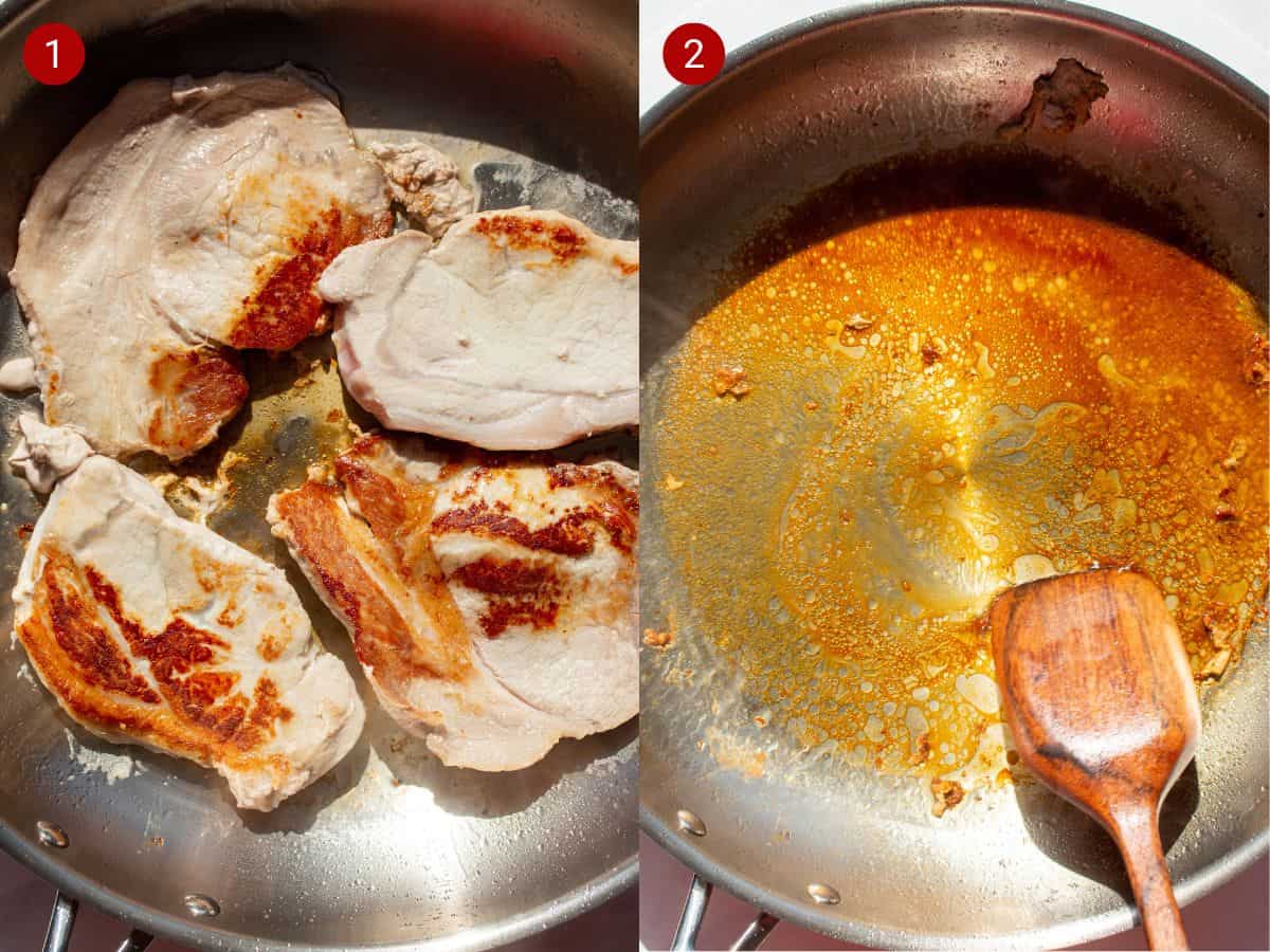 2 step by step photos, the first with browned pork in a pan and the second with an empty pan with juices from frying pork stirred with wooden 