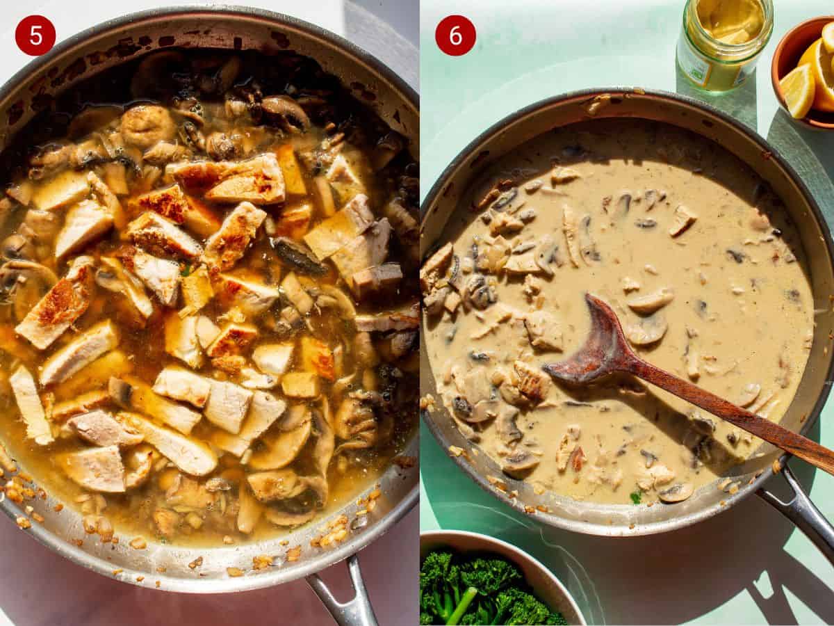 2 step by step photos, the first with browned onions, mushrooms and pork in a pan with stock and the second a creamy sauce o ver the mixture.