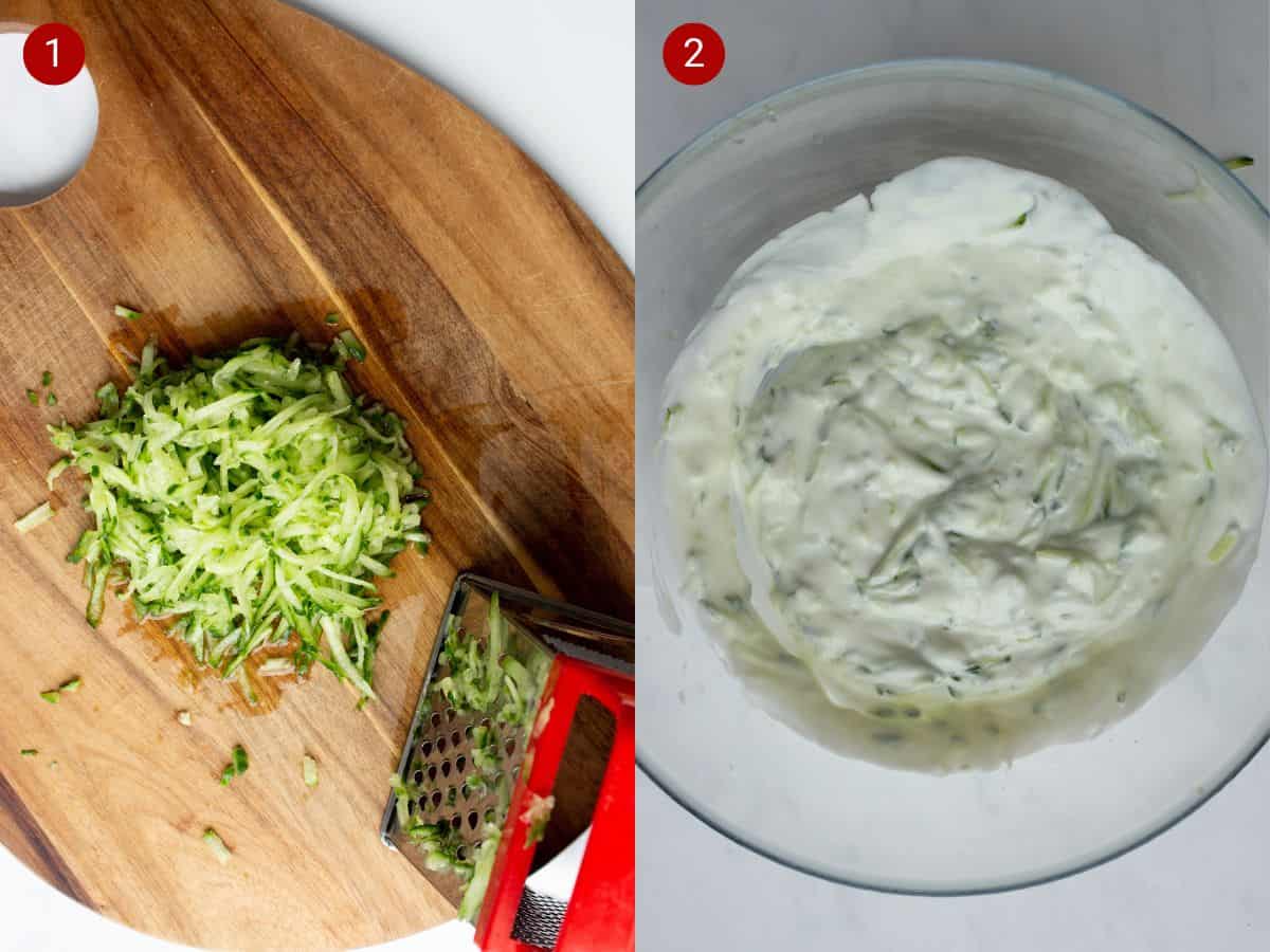 2 step by step photos,  the first with grated cucumber on an oval wooden chopping board and the second with a bowl of yogurt and cucumber mixed together.