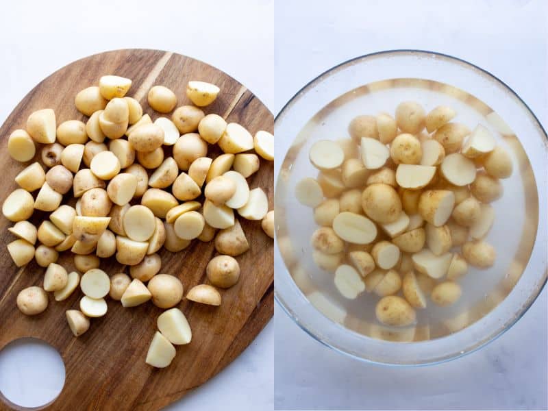 Step by step process shots: 1st with new potatoes cut on chopping board and the 2nd with potatoes in water in bowl.