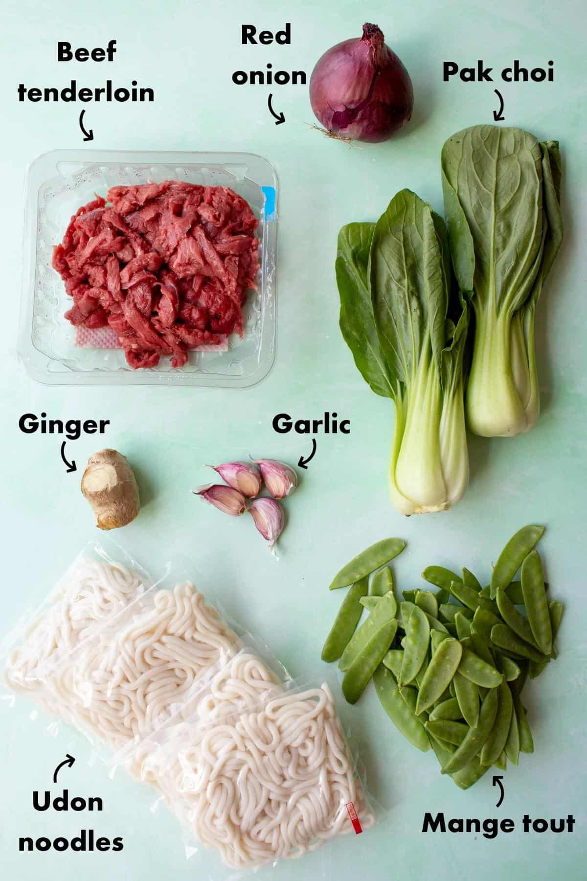 udon noodles recipe with beef tenderloin and other Ingredients laid out on a pale blue background and labelled.