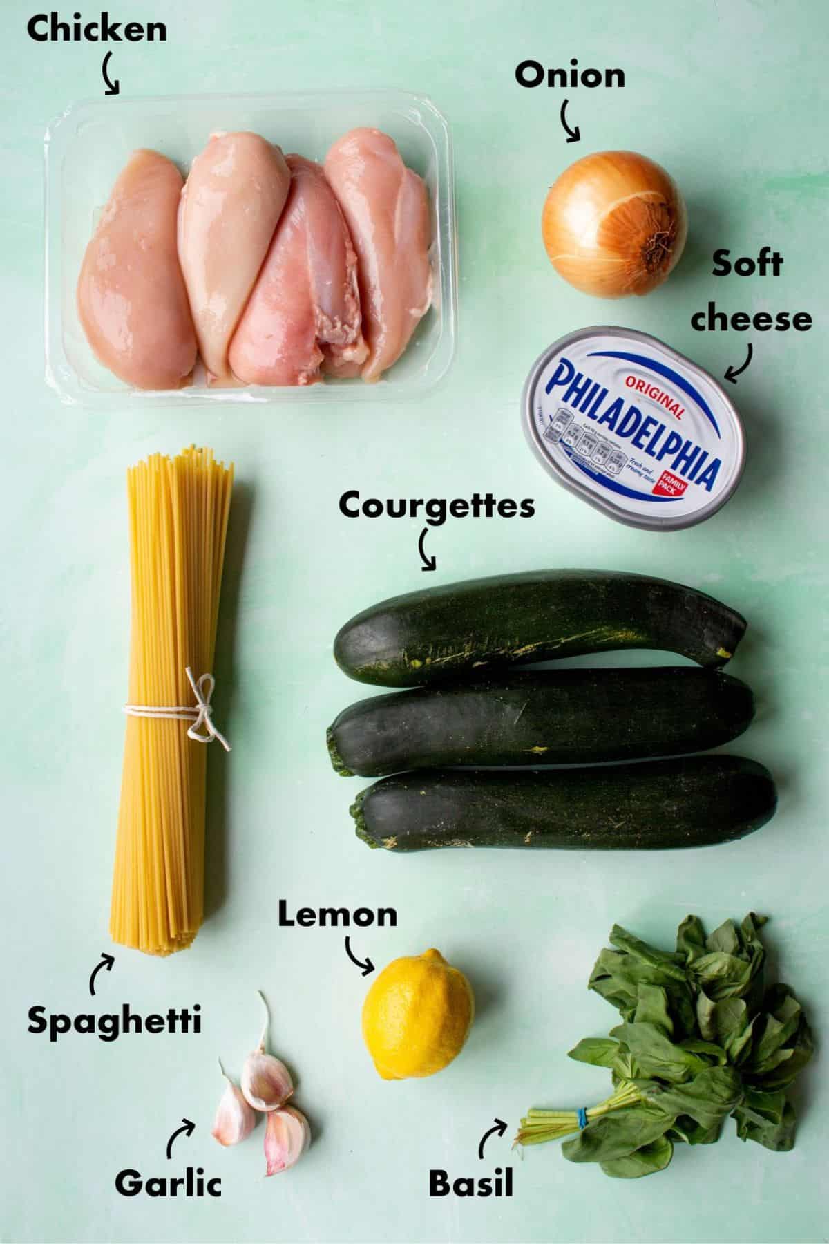 Ingredients to make Philadelphia Chicken laid out on a pale blue background and labelled.